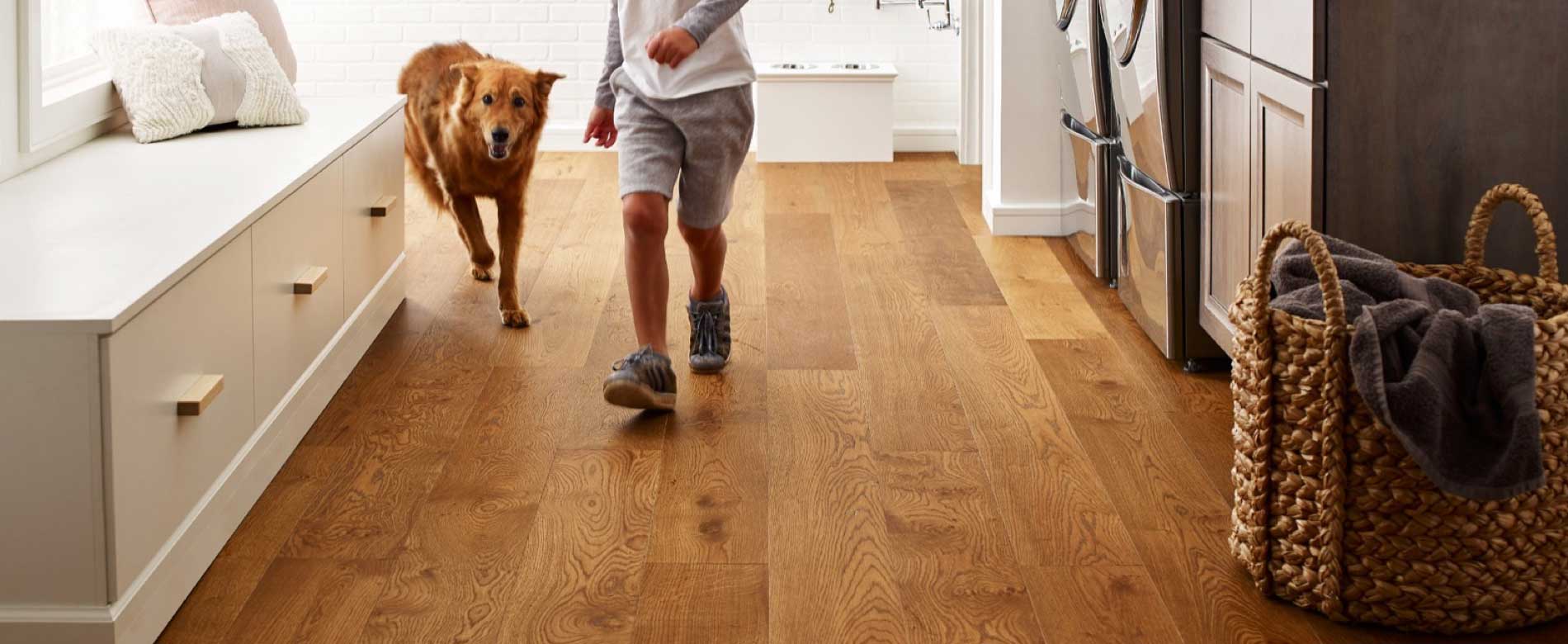 Dog running on hardwood flooring | Haley's Flooring, Kitchen & Bath